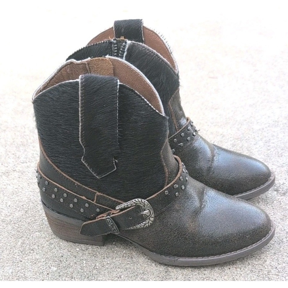 Sterling River Womens Short Ankle Boot Sz 7.5M Studded Leather Brown Calf Hair